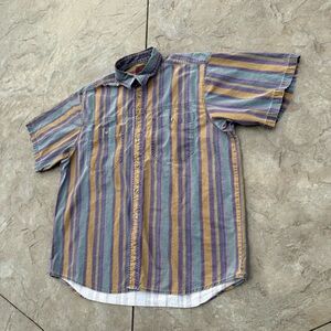 Vintage 90s Wrangler Rugged Wear Vertical Stripe Short Sleeve Button Up Shirt